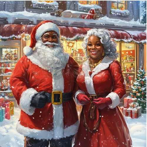 Santa and Mrs Claus Outside Toy Shop